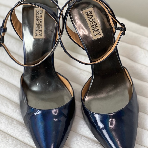 100%Authentic Badgley Mischka Blue Holographic pointy Toe ankle strap Heel Sz 10 - Picture 2 of 6